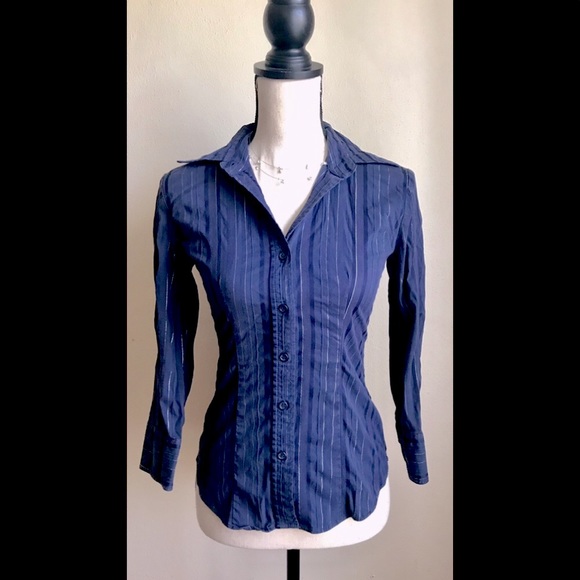 Navy Blue & Silver Striped Stretch 3/4 Sleeves Button Up Top, XS - Picture 1 of 5